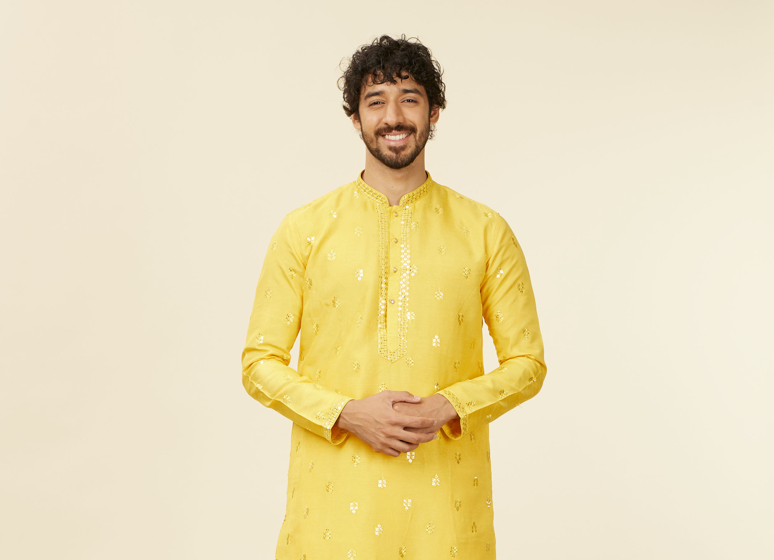 Twamev Men Mustard Yellow Medallion Patterned Kurta Jacket Set with Mirror Work