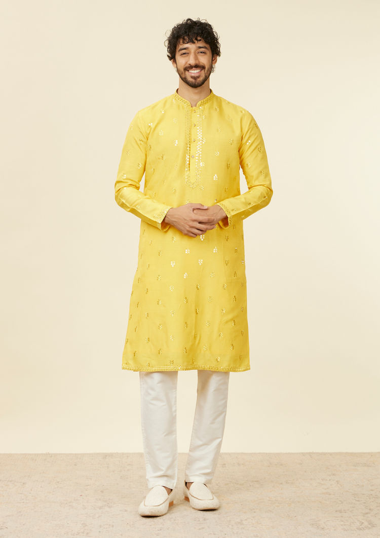 alt message - Twamev Men Mustard Yellow Medallion Patterned Kurta Jacket Set with Mirror Work image number 2