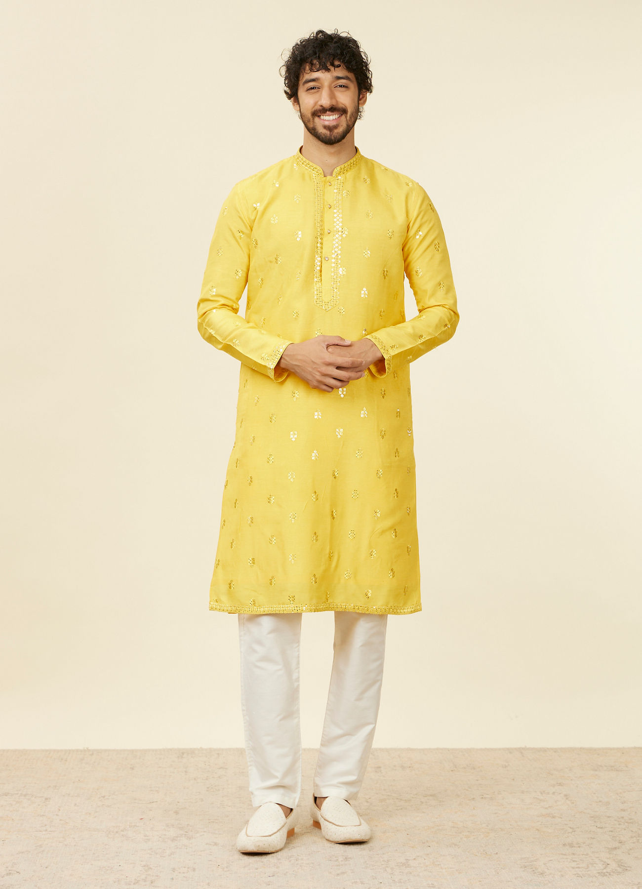 Twamev Men Mustard Yellow Medallion Patterned Kurta Jacket Set with Mirror Work