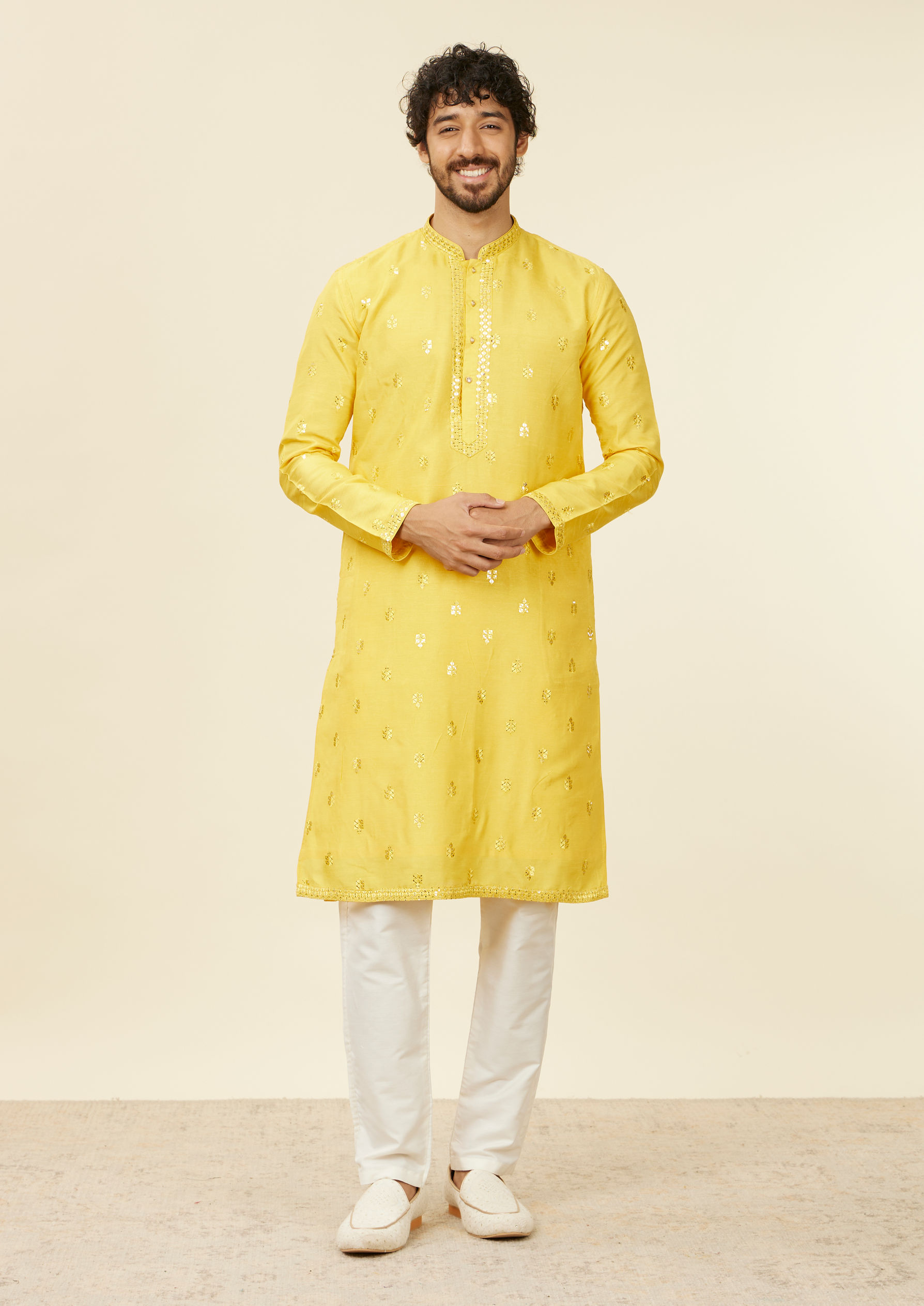 alt message - Twamev Men Mustard Yellow Medallion Patterned Kurta Jacket Set with Mirror Work image number 2