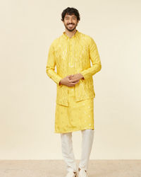 Twamev Men Mustard Yellow Medallion Patterned Kurta Jacket Set with Mirror Work