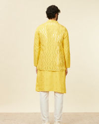 Twamev Men Mustard Yellow Medallion Patterned Kurta Jacket Set with Mirror Work