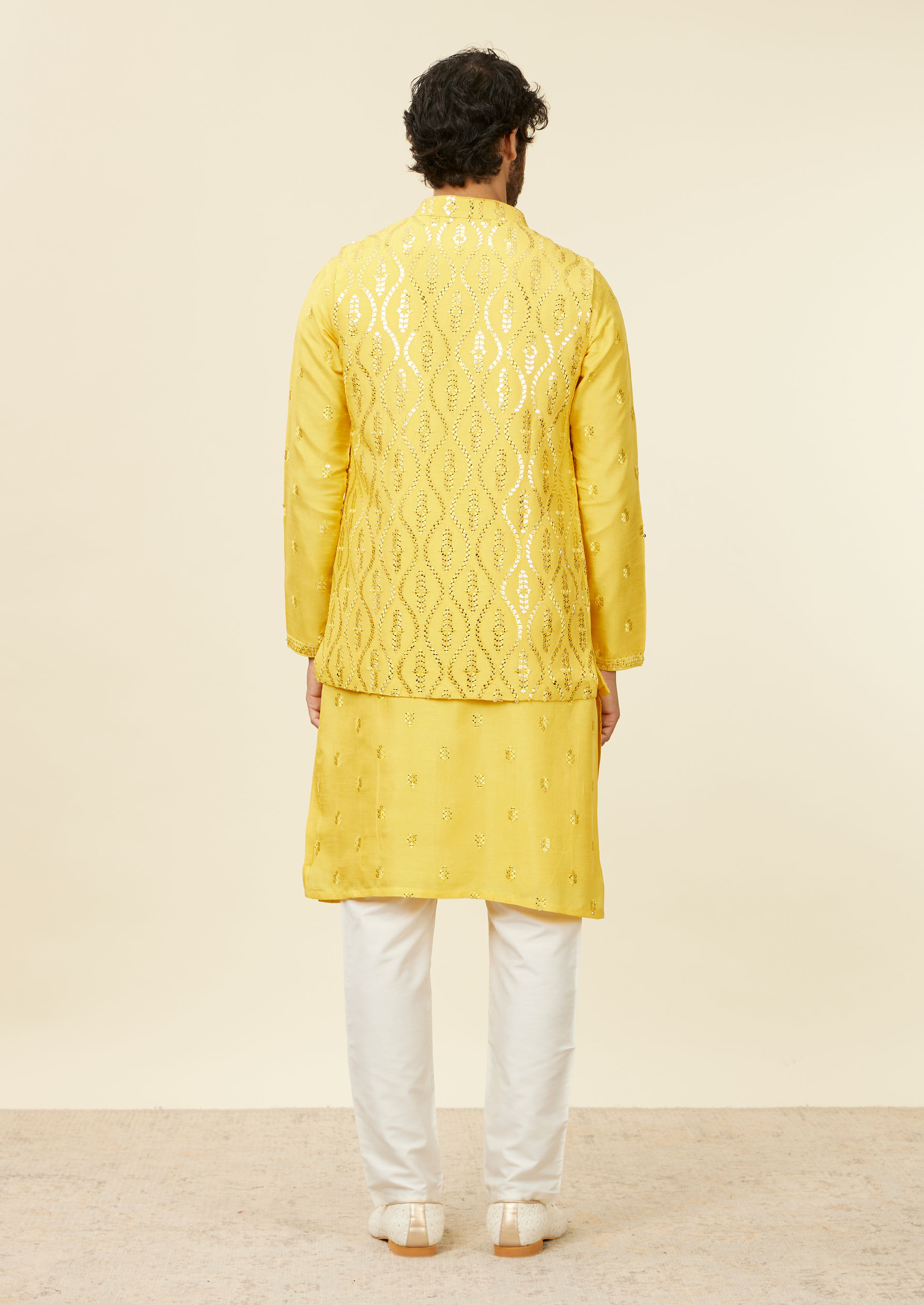 Twamev Men Mustard Yellow Medallion Patterned Kurta Jacket Set with Mirror Work