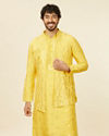 Mustard Yellow Medallion Patterned Kurta Jacket Set with Mirror Work