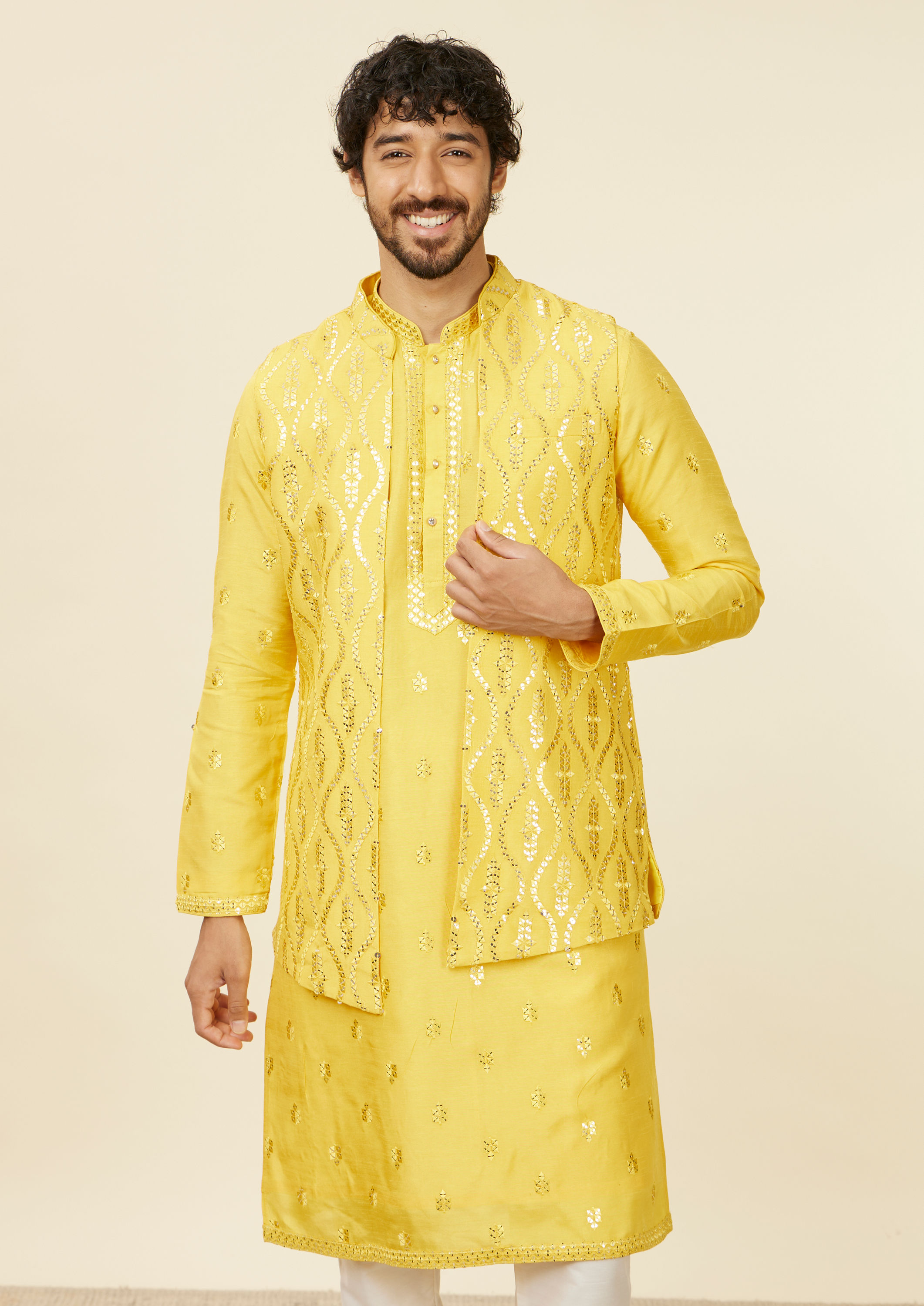 alt message - Twamev Men Mustard Yellow Medallion Patterned Kurta Jacket Set with Mirror Work image number 0