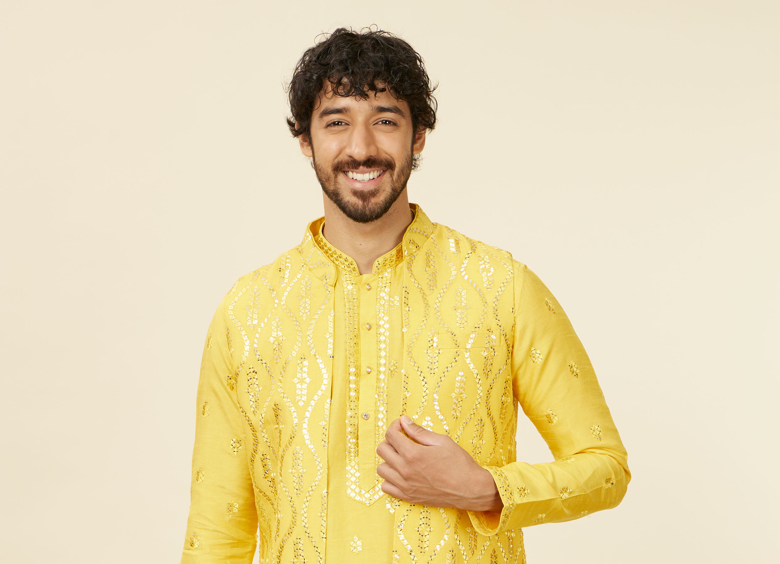 Twamev Men Mustard Yellow Medallion Patterned Kurta Jacket Set with Mirror Work
