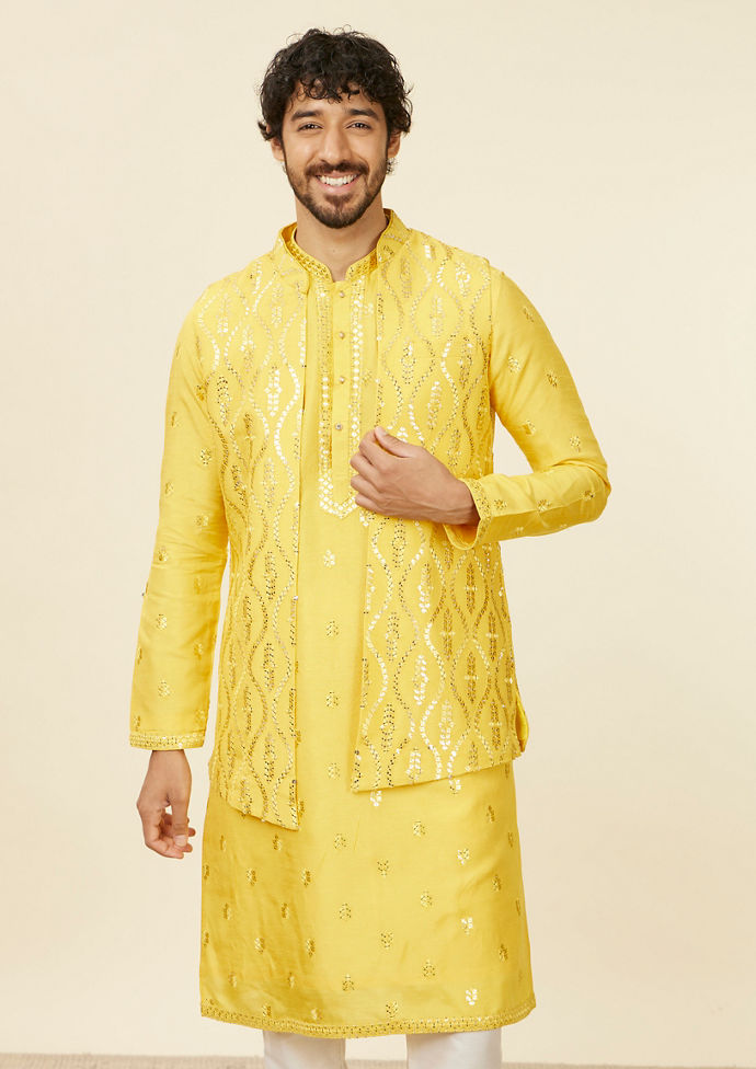 alt message - Twamev Men Mustard Yellow Medallion Patterned Kurta Jacket Set with Mirror Work image number 0