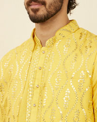 Twamev Men Mustard Yellow Medallion Patterned Kurta Jacket Set with Mirror Work