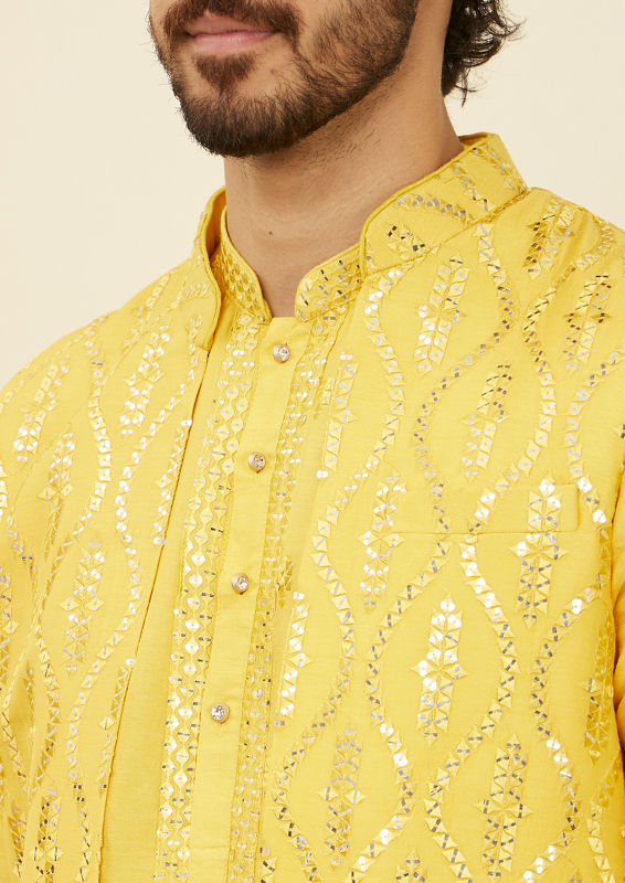 alt message - Twamev Men Mustard Yellow Medallion Patterned Kurta Jacket Set with Mirror Work image number 1