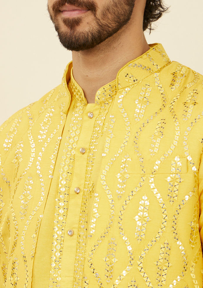 Twamev Men Mustard Yellow Medallion Patterned Kurta Jacket Set with Mirror Work