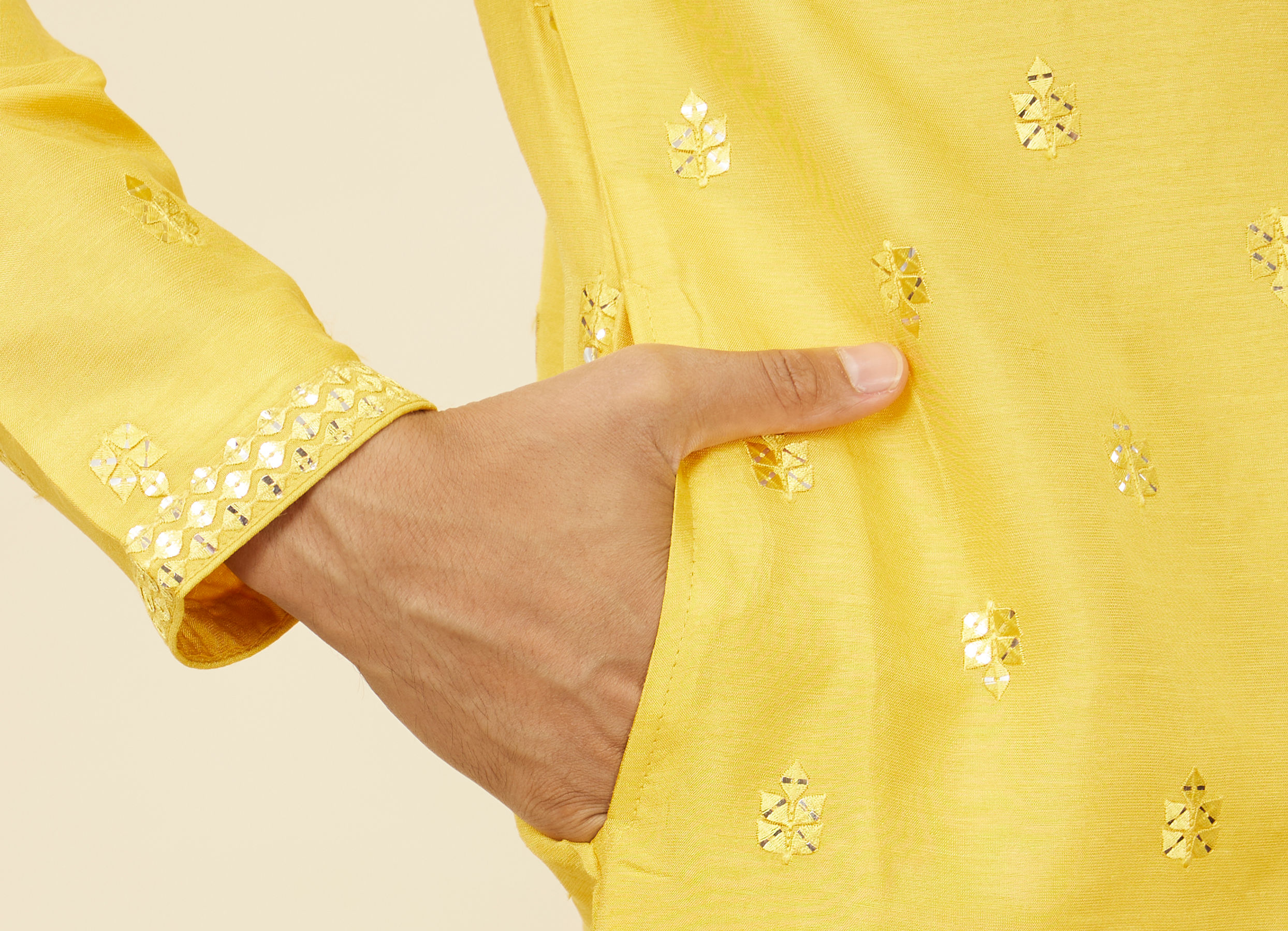 Twamev Men Mustard Yellow Medallion Patterned Kurta Jacket Set with Mirror Work