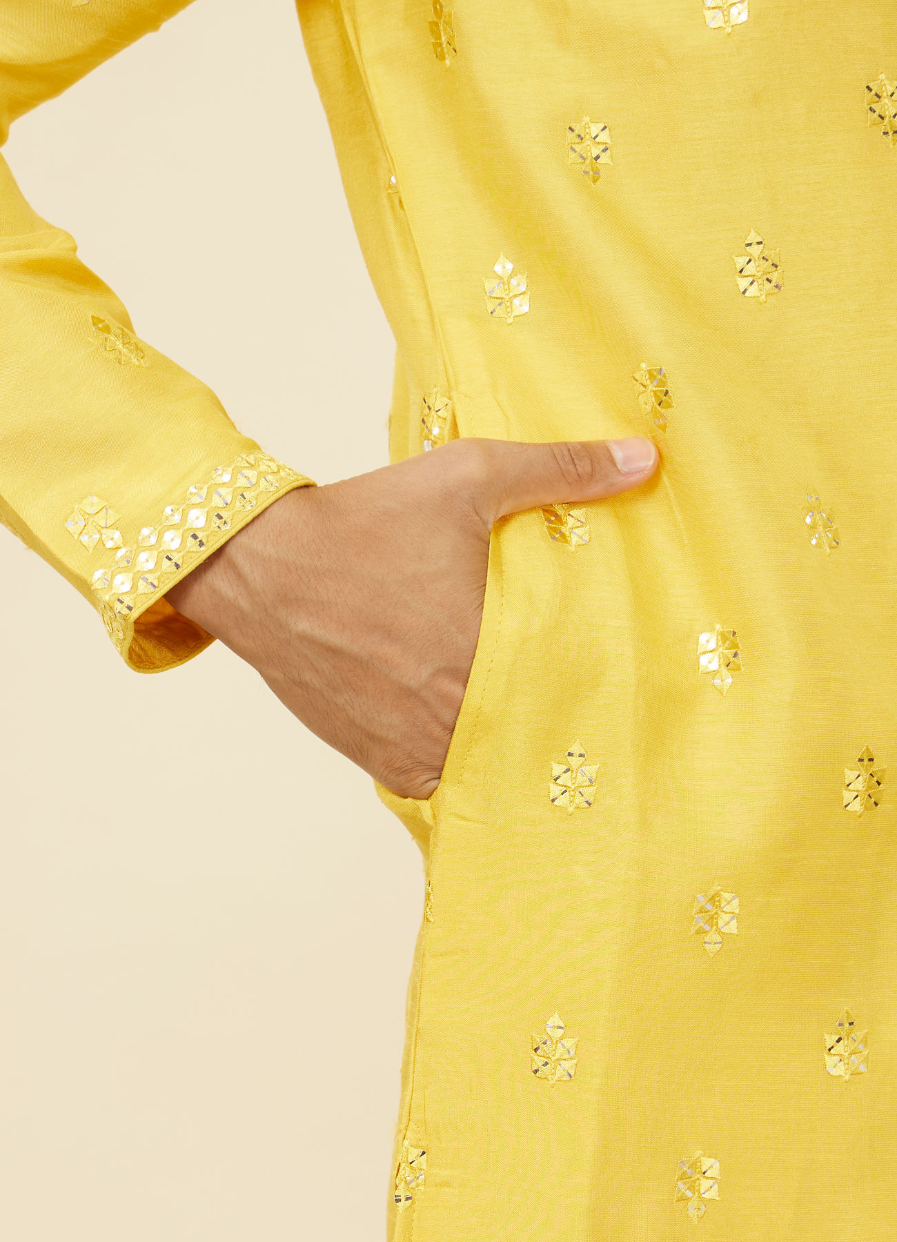 Twamev Men Mustard Yellow Medallion Patterned Kurta Jacket Set with Mirror Work