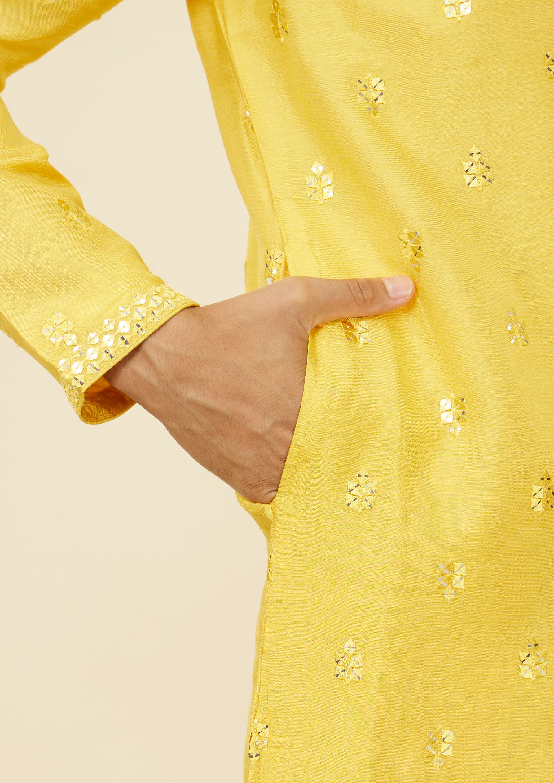 Twamev Men Mustard Yellow Medallion Patterned Kurta Jacket Set with Mirror Work