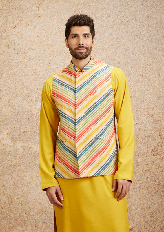 Twamev Men Sun Yellow Art Silk Kurta Jacket Set