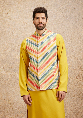 alt message - Twamev Men Sun Yellow Art Silk Kurta Jacket Set image number 0