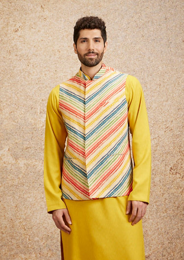 alt message - Twamev Men Sun Yellow Art Silk Kurta Jacket Set image number 0