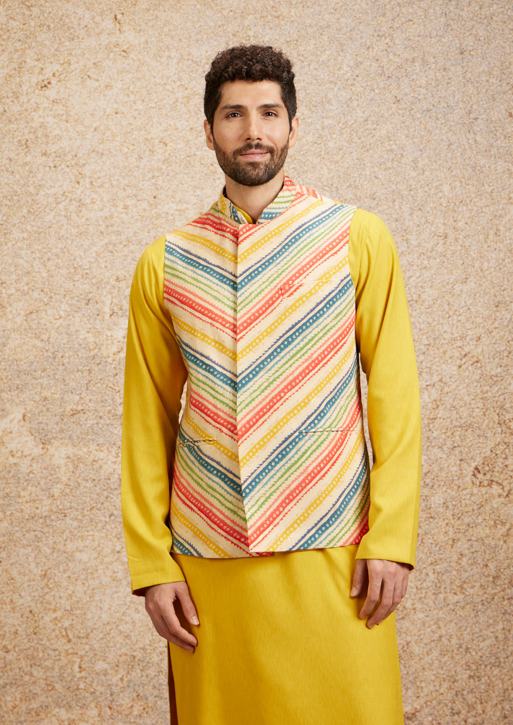 Twamev Men Sun Yellow Art Silk Kurta Jacket Set