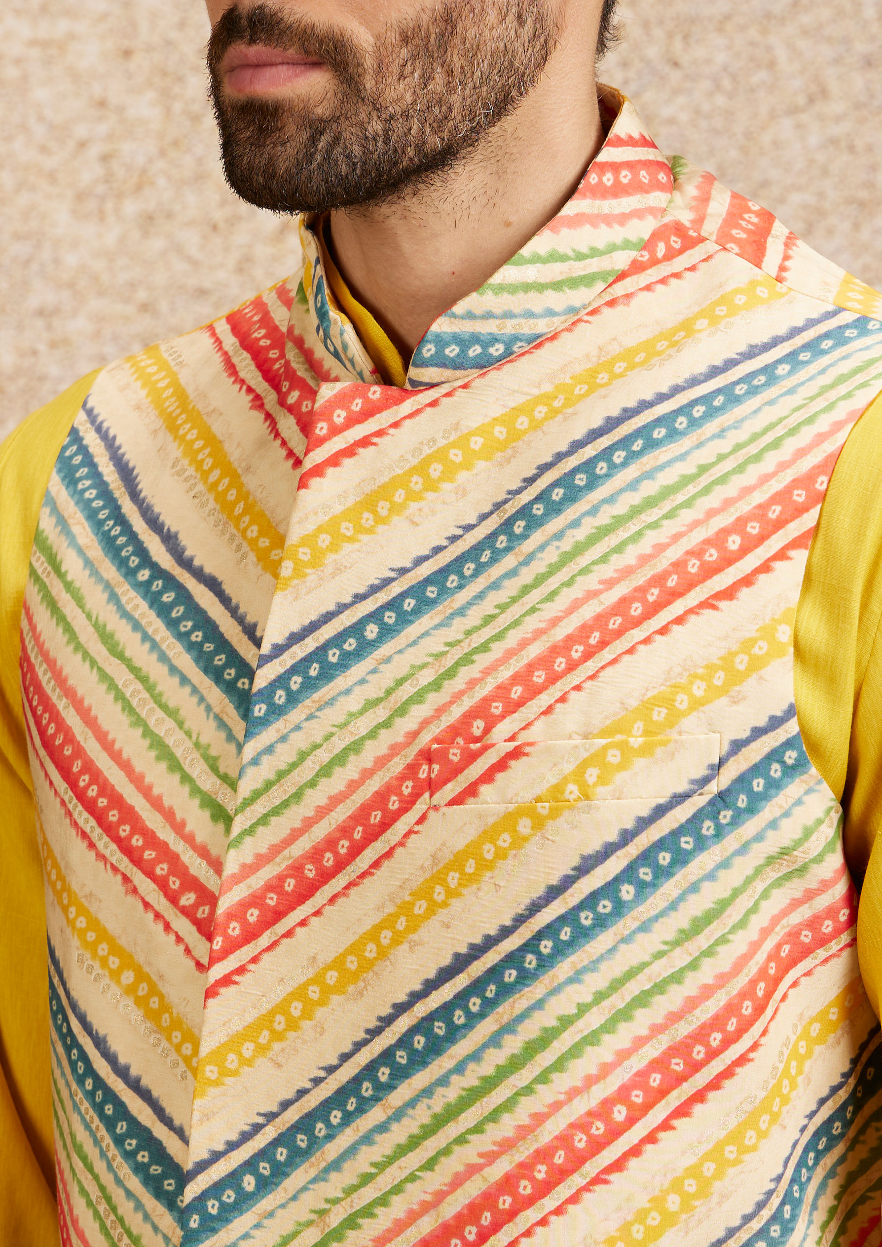 Twamev Men Sun Yellow Art Silk Kurta Jacket Set