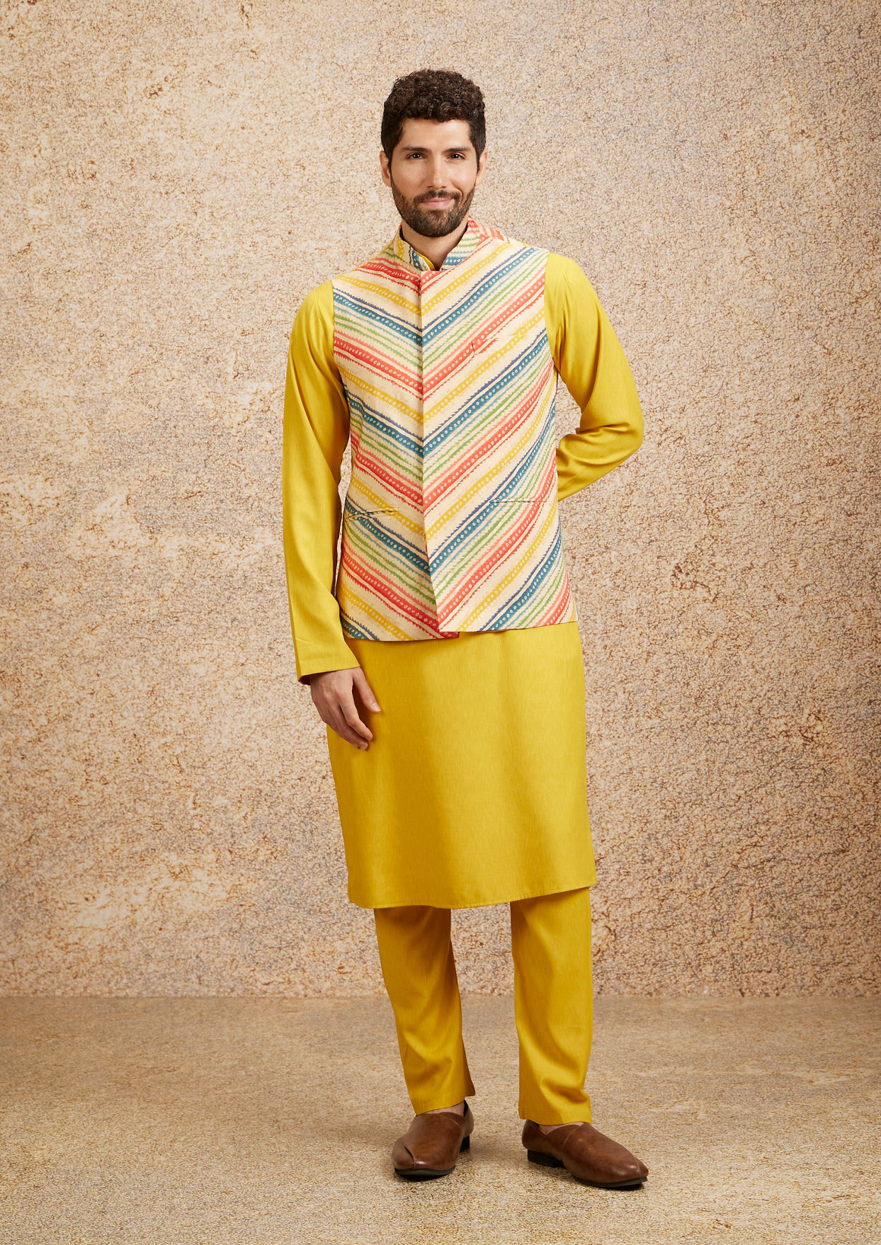 alt message - Twamev Men Sun Yellow Art Silk Kurta Jacket Set image number 2