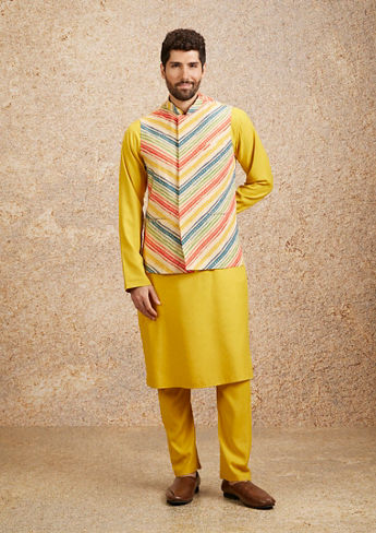 alt message - Twamev Men Sun Yellow Art Silk Kurta Jacket Set image number 2