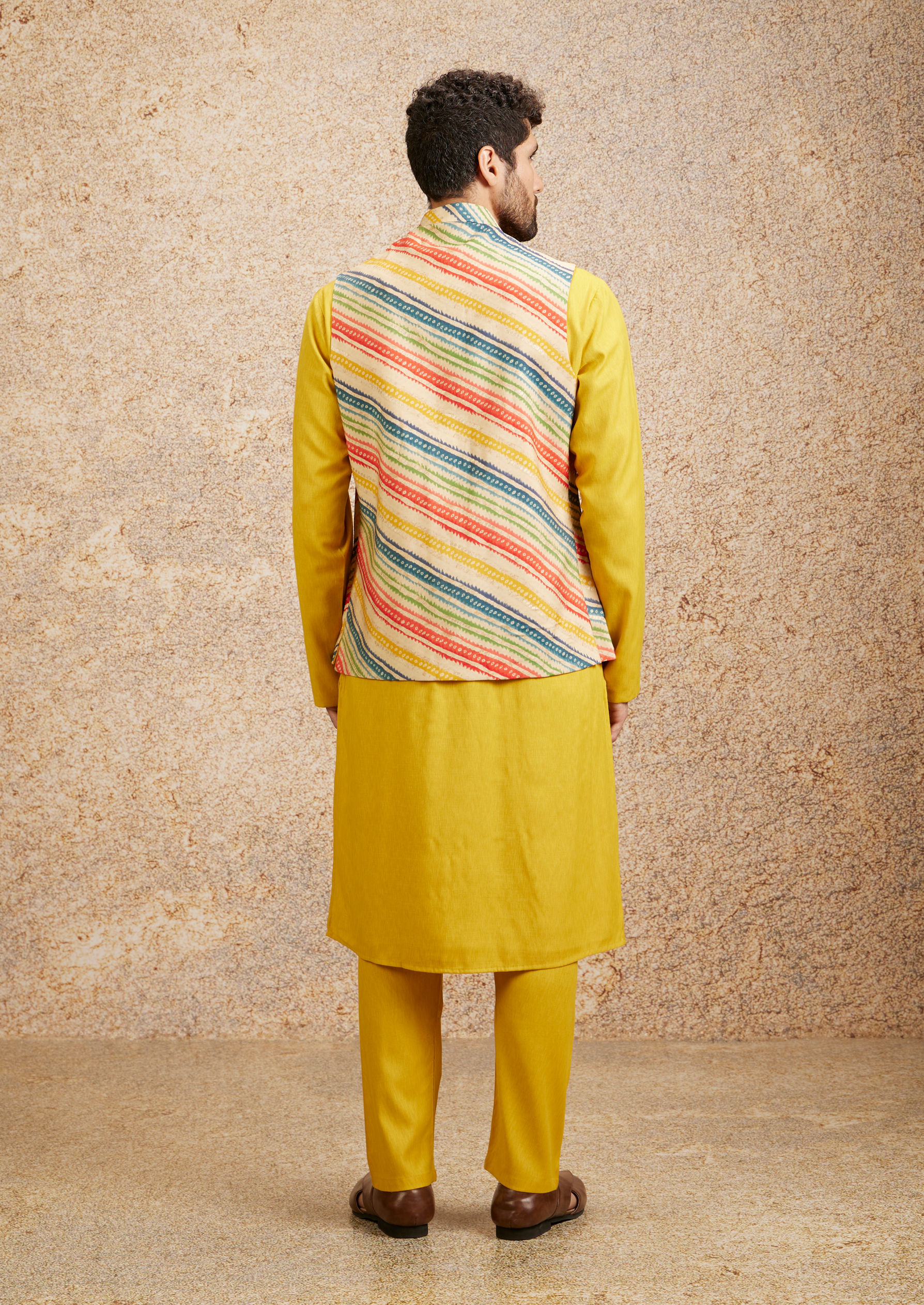 Twamev Men Sun Yellow Art Silk Kurta Jacket Set