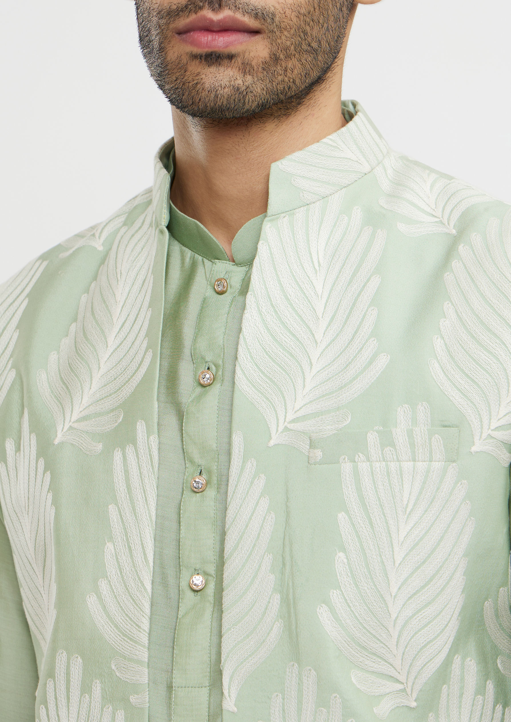 Twamev Men Pistachio Green Leaf Patterned Jacket Set