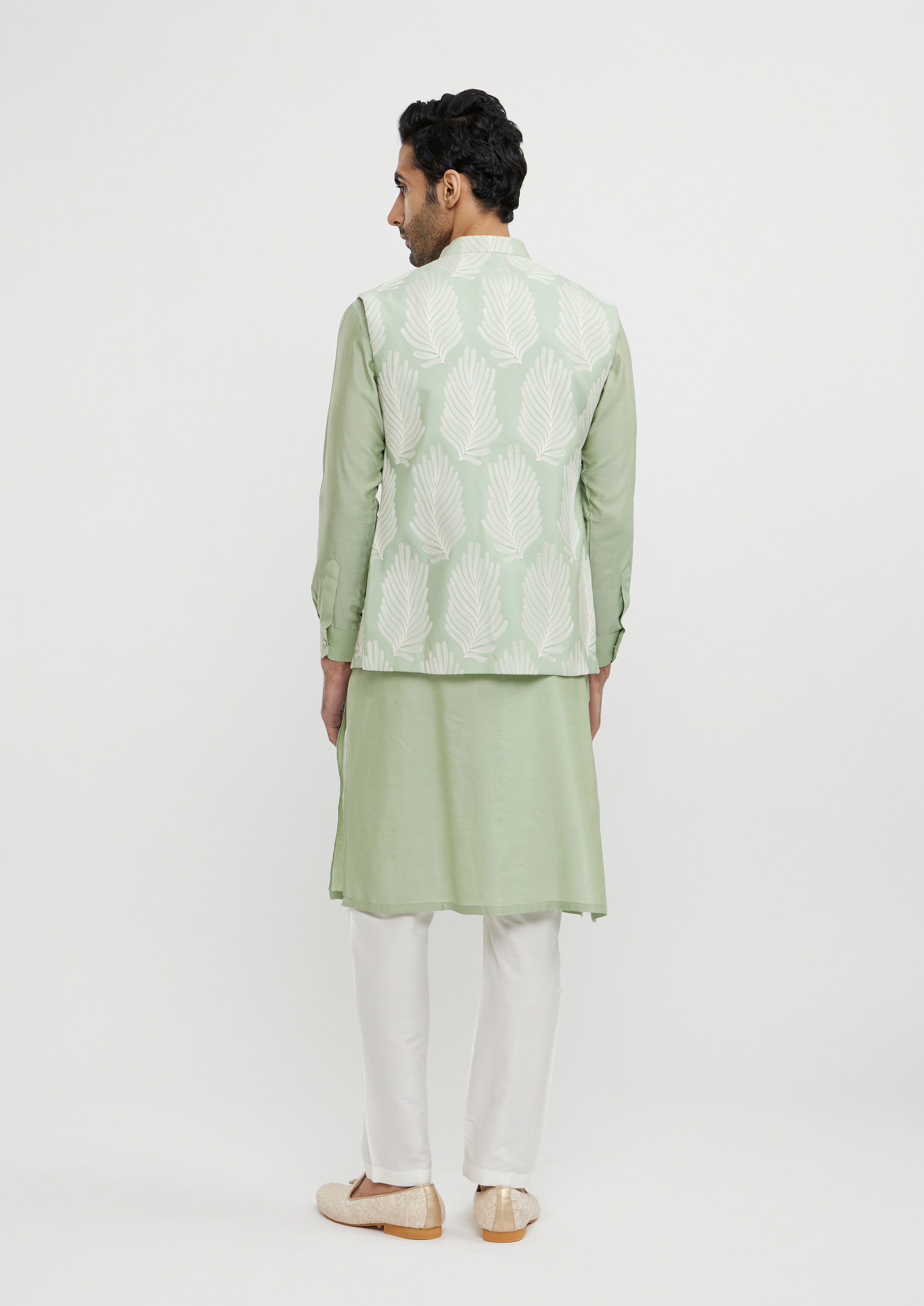 Twamev Men Pistachio Green Leaf Patterned Jacket Set