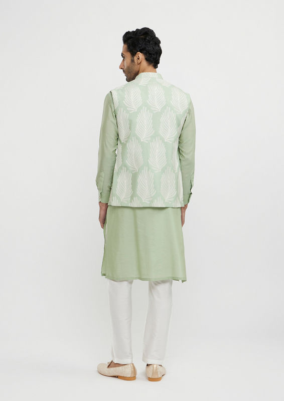 Twamev Men Pistachio Green Leaf Patterned Jacket Set
