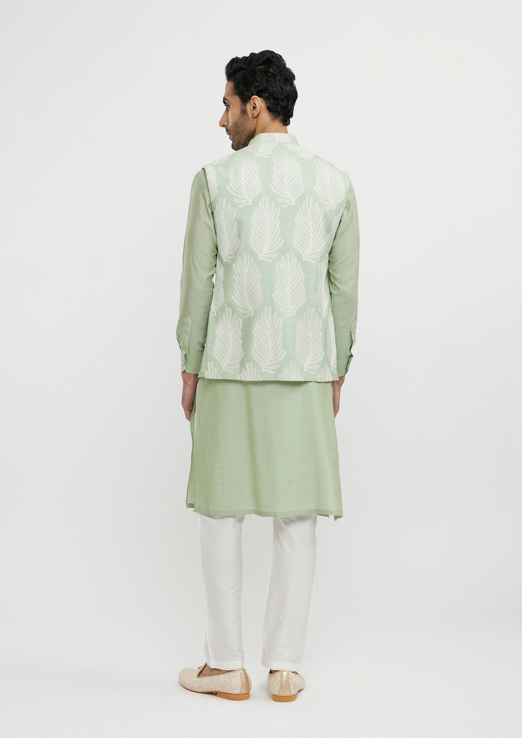 Twamev Men Pistachio Green Leaf Patterned Jacket Set
