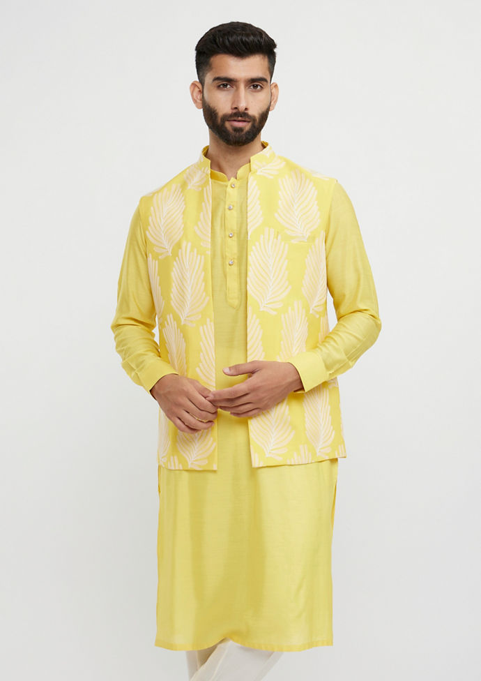 Twamev Men Sunshine Yellow Leaf Patterned Jacket Set