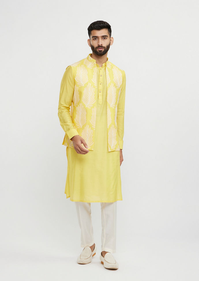Twamev Men Sunshine Yellow Leaf Patterned Jacket Set