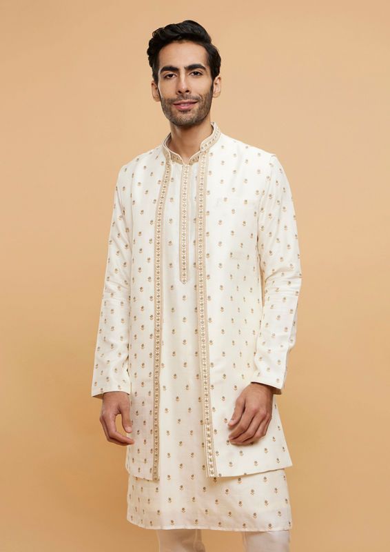Twamev Men Cream White Floral Buta Embroidered Jacket Set