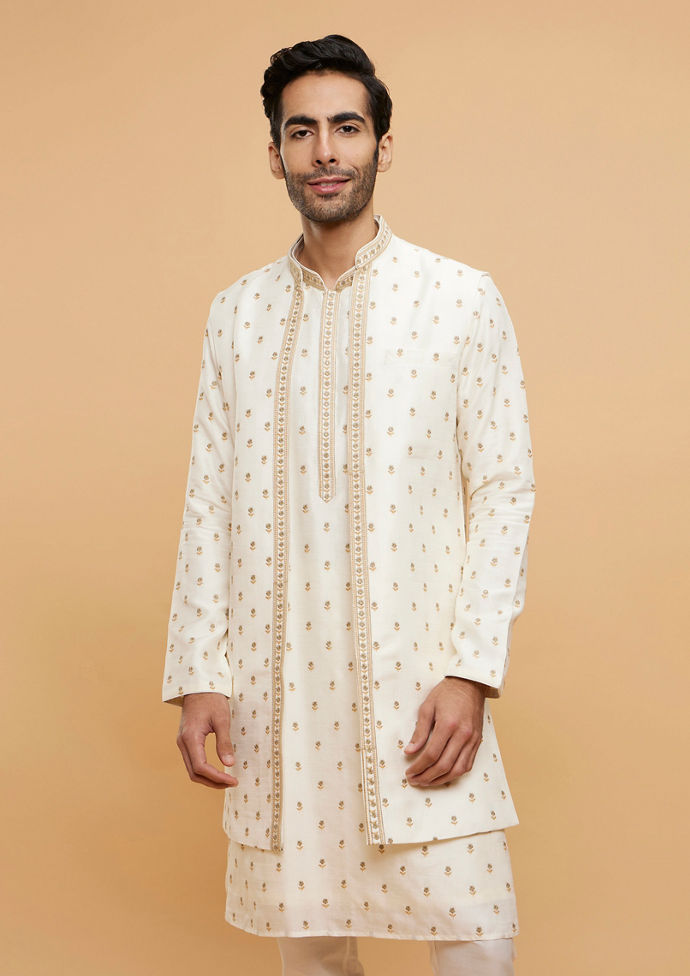 Twamev Men Cream White Floral Buta Embroidered Jacket Set