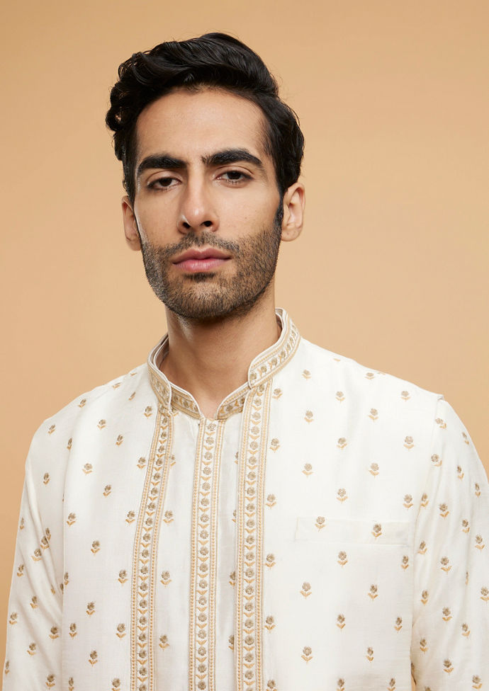 Twamev Men Cream White Floral Buta Embroidered Jacket Set