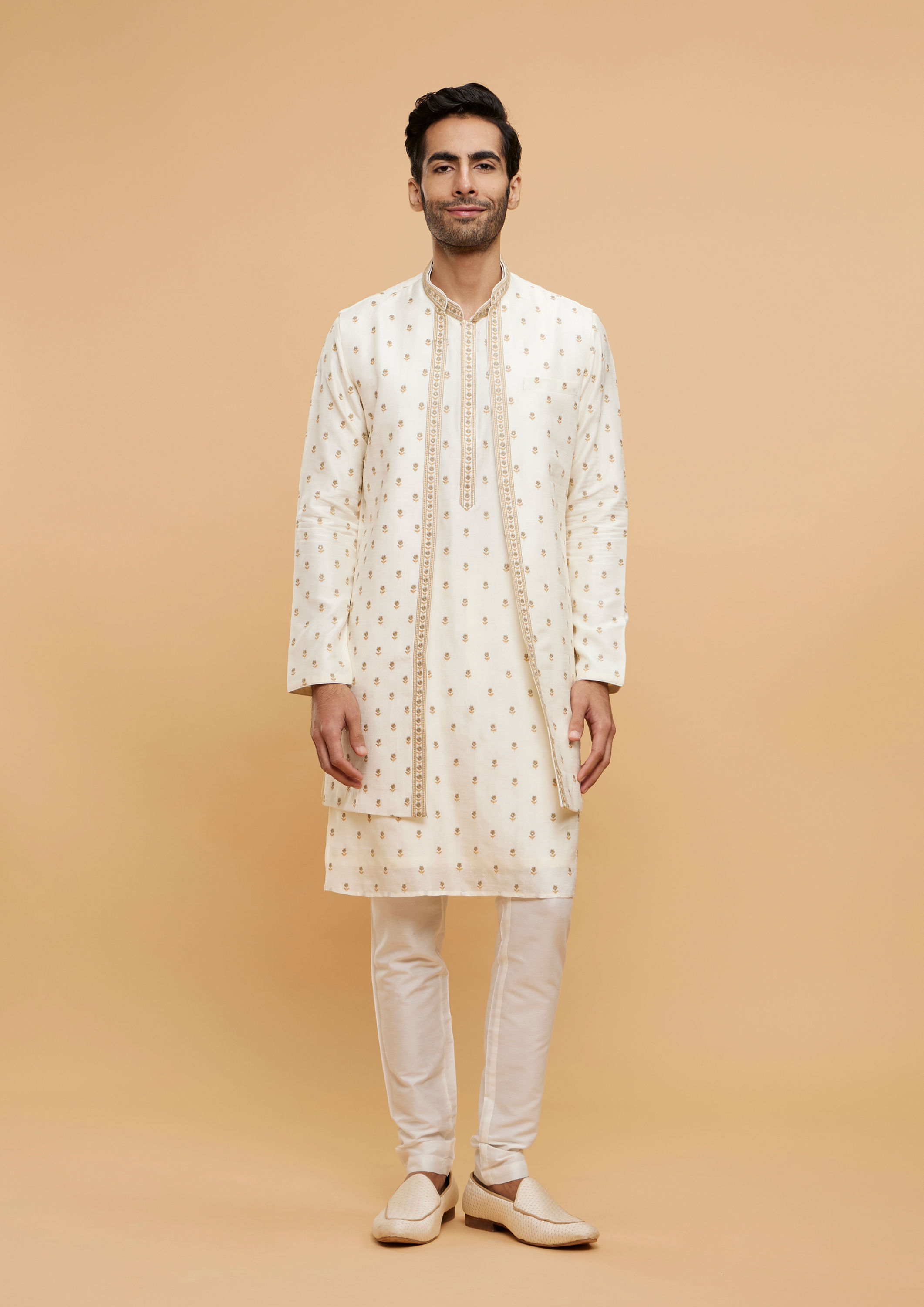 Twamev Men Cream White Floral Buta Embroidered Jacket Set