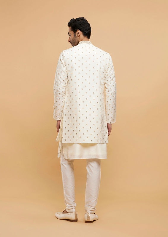 Twamev Men Cream White Floral Buta Embroidered Jacket Set