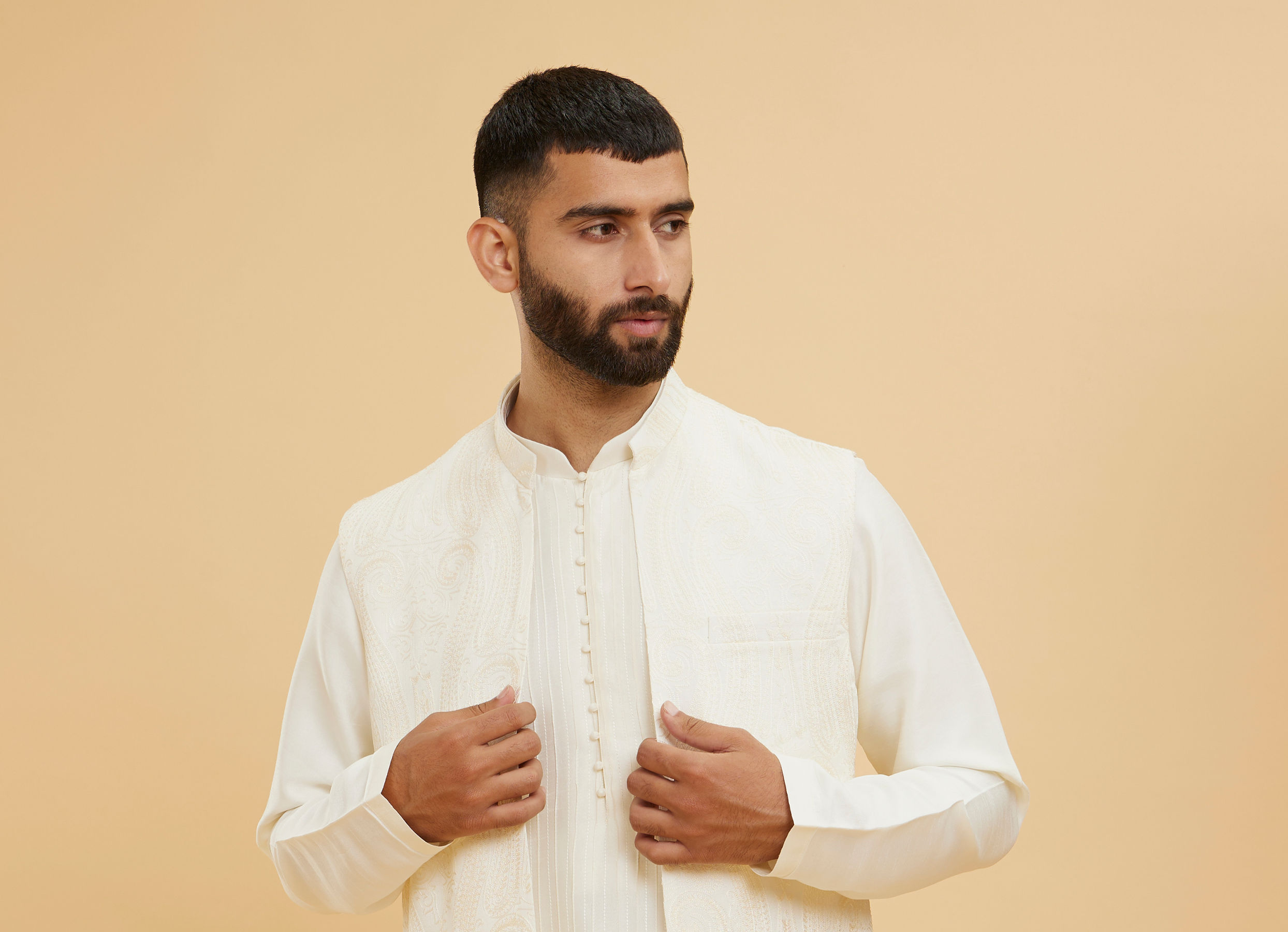 Twamev Men Elegant Cream Kurta Jacket Set