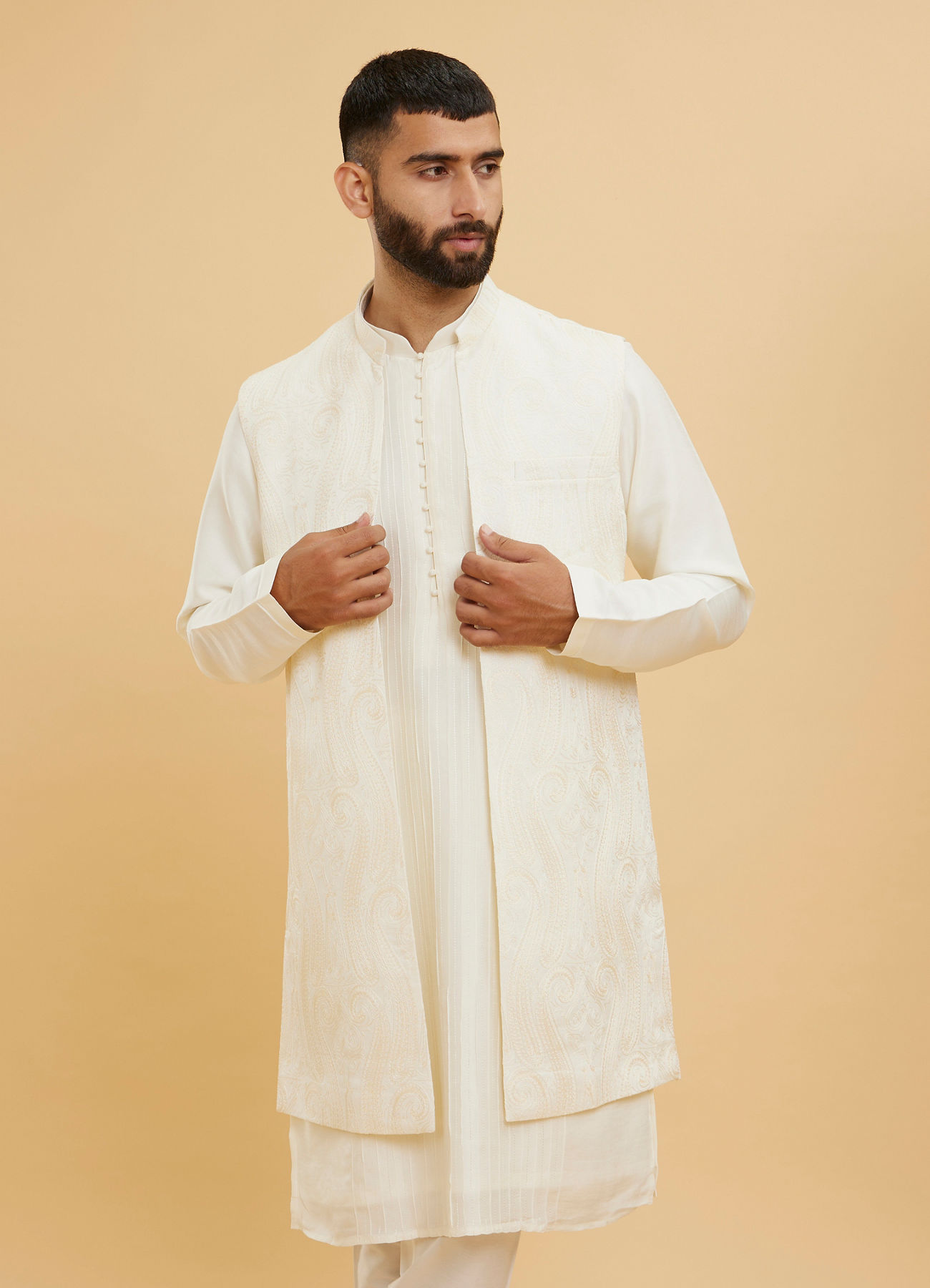 Twamev Men Elegant Cream Kurta Jacket Set