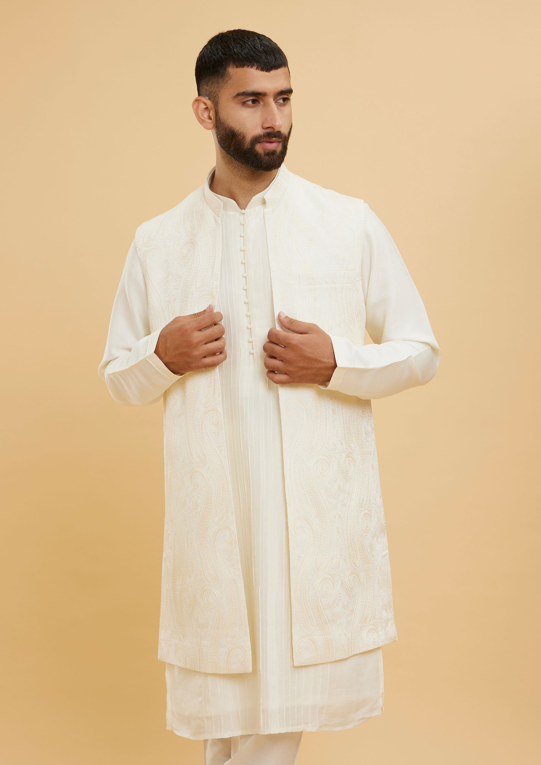 Twamev Men Elegant Cream Kurta Jacket Set