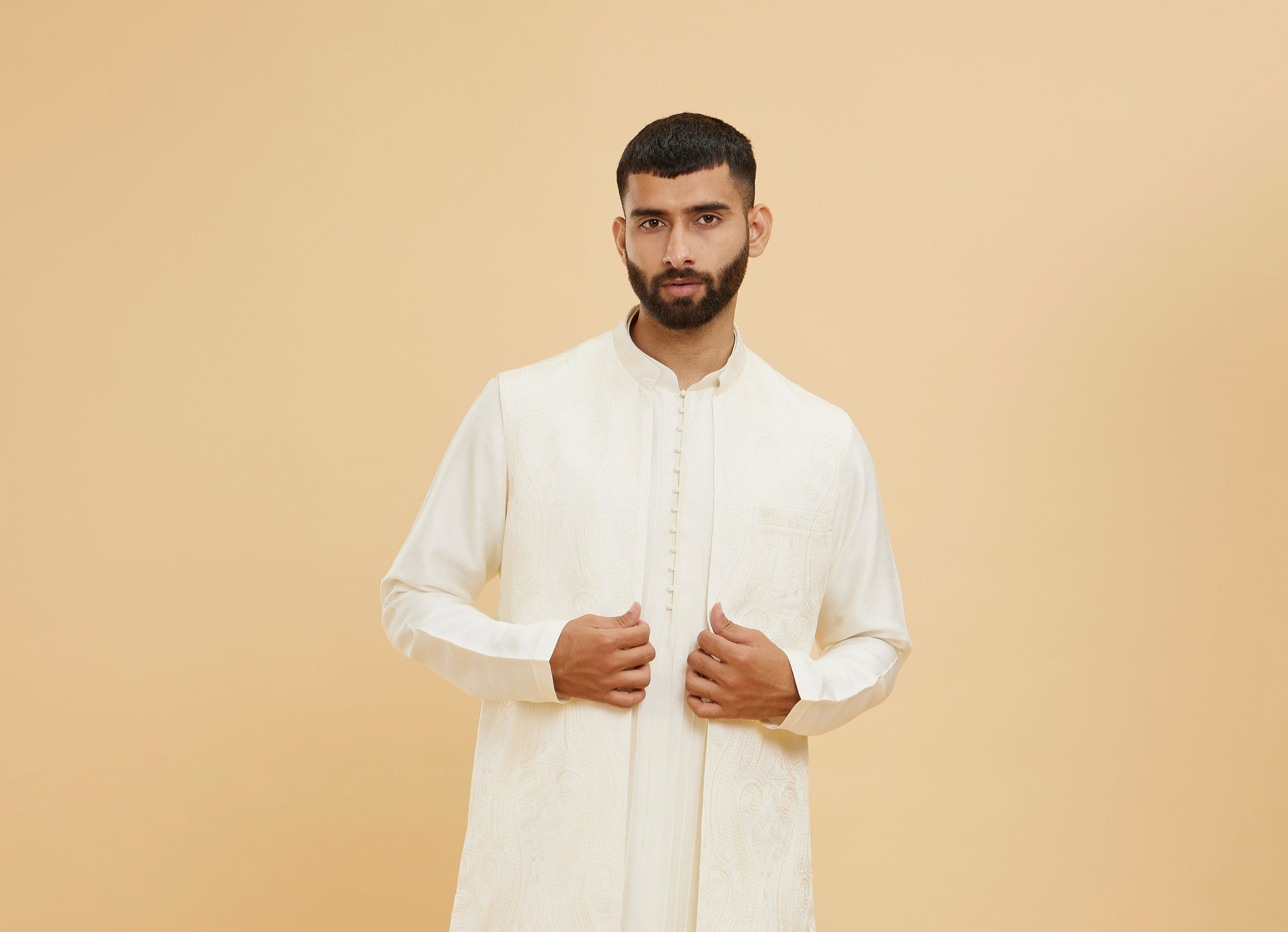 Twamev Men Elegant Cream Kurta Jacket Set