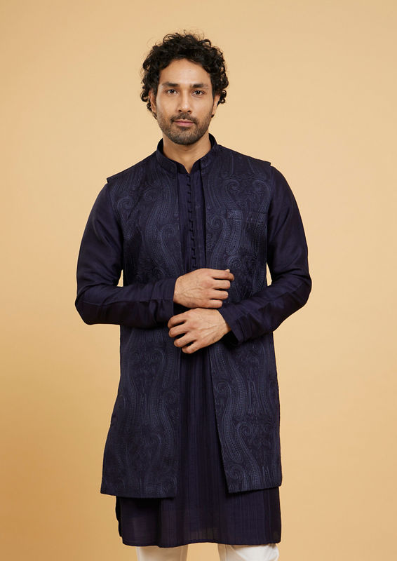 Twamev Men Dark Blue Elegance Kurta Jacket Set