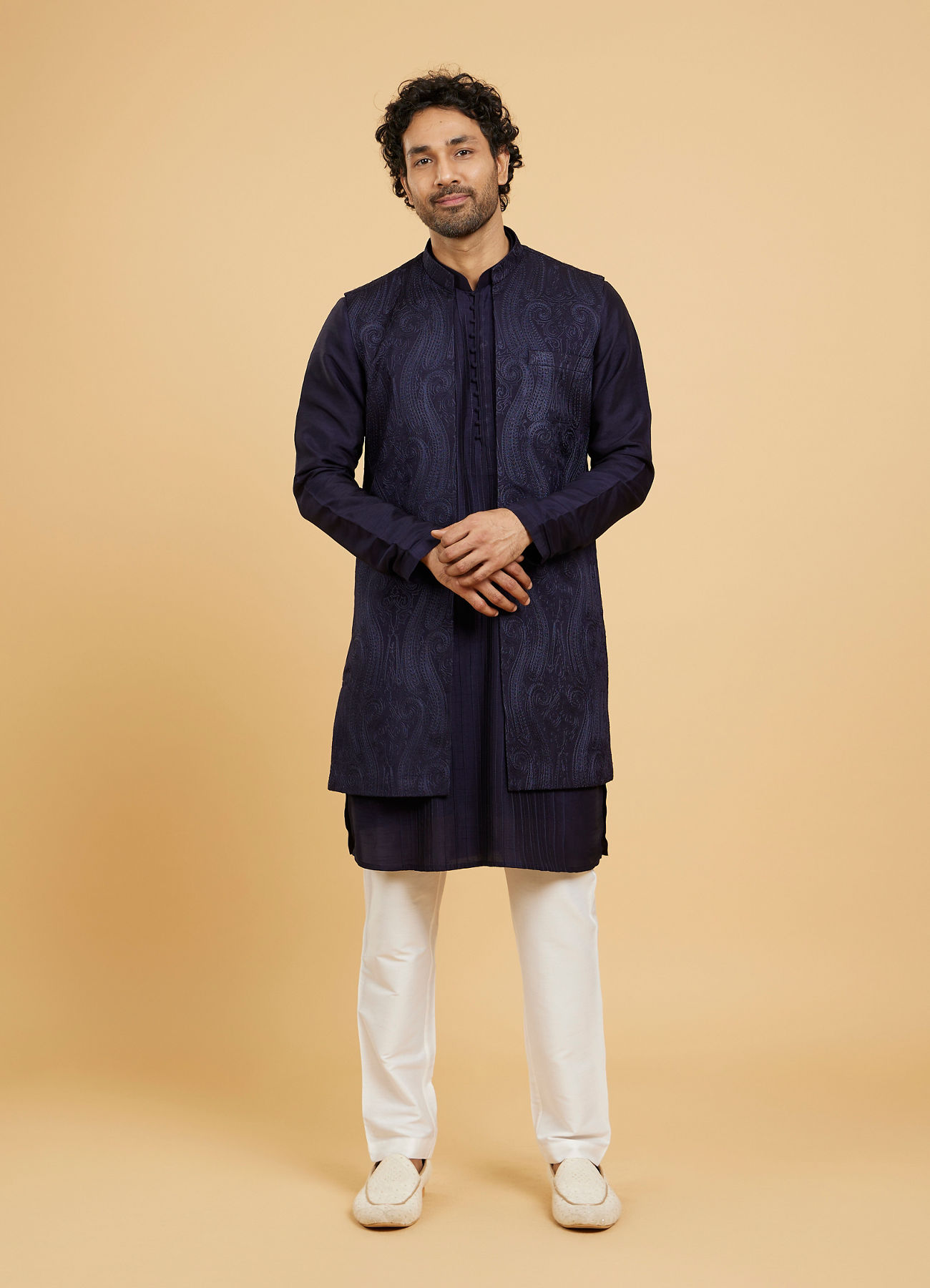 Twamev Men Navy Blue Paisley Patterned Jacket Set