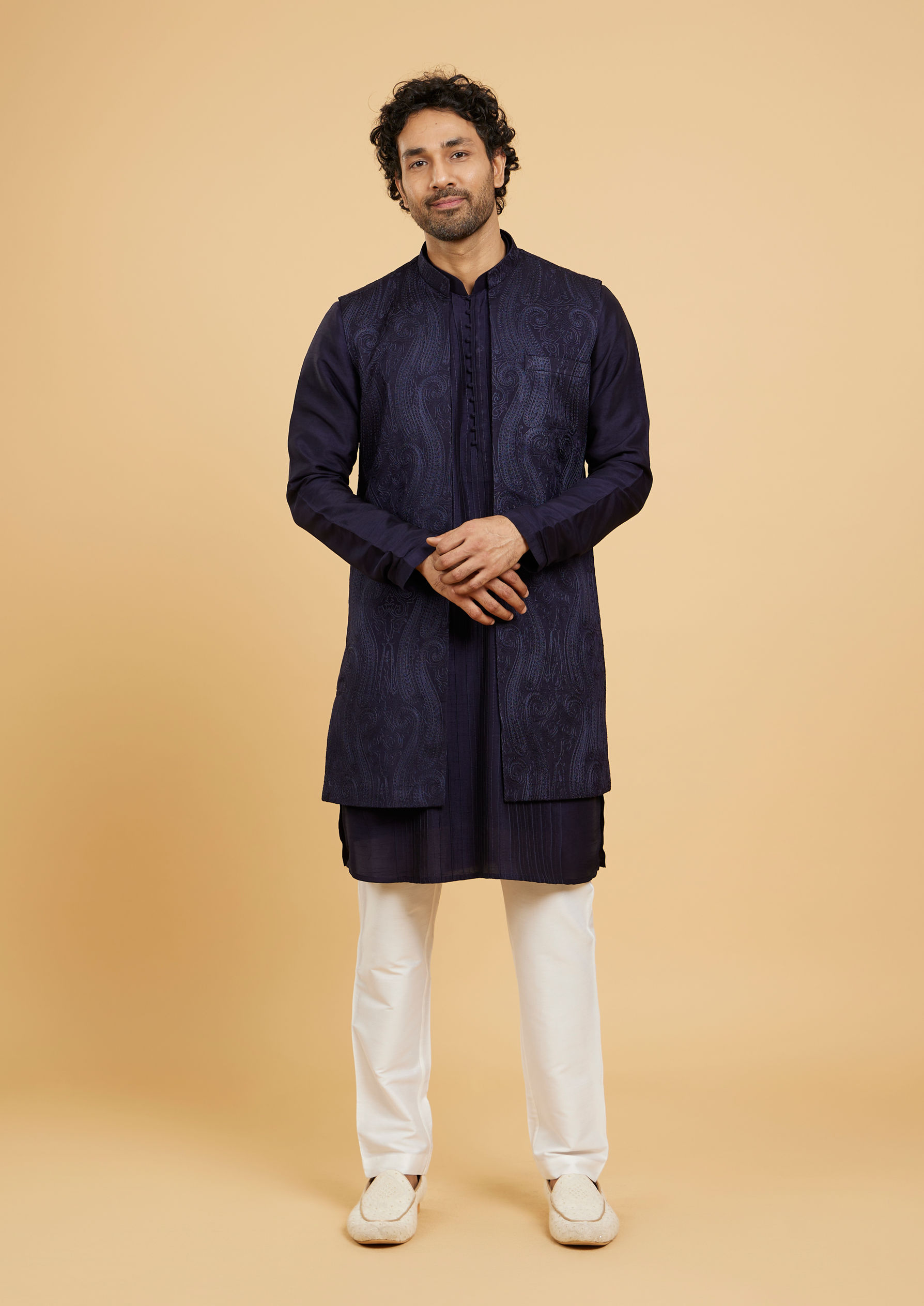 Twamev Men Dark Blue Elegance Kurta Jacket Set