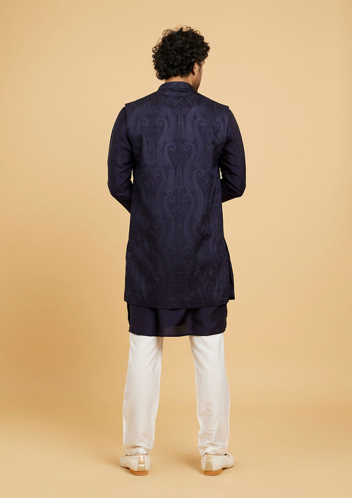 Twamev Men Navy Blue Paisley Patterned Jacket Set