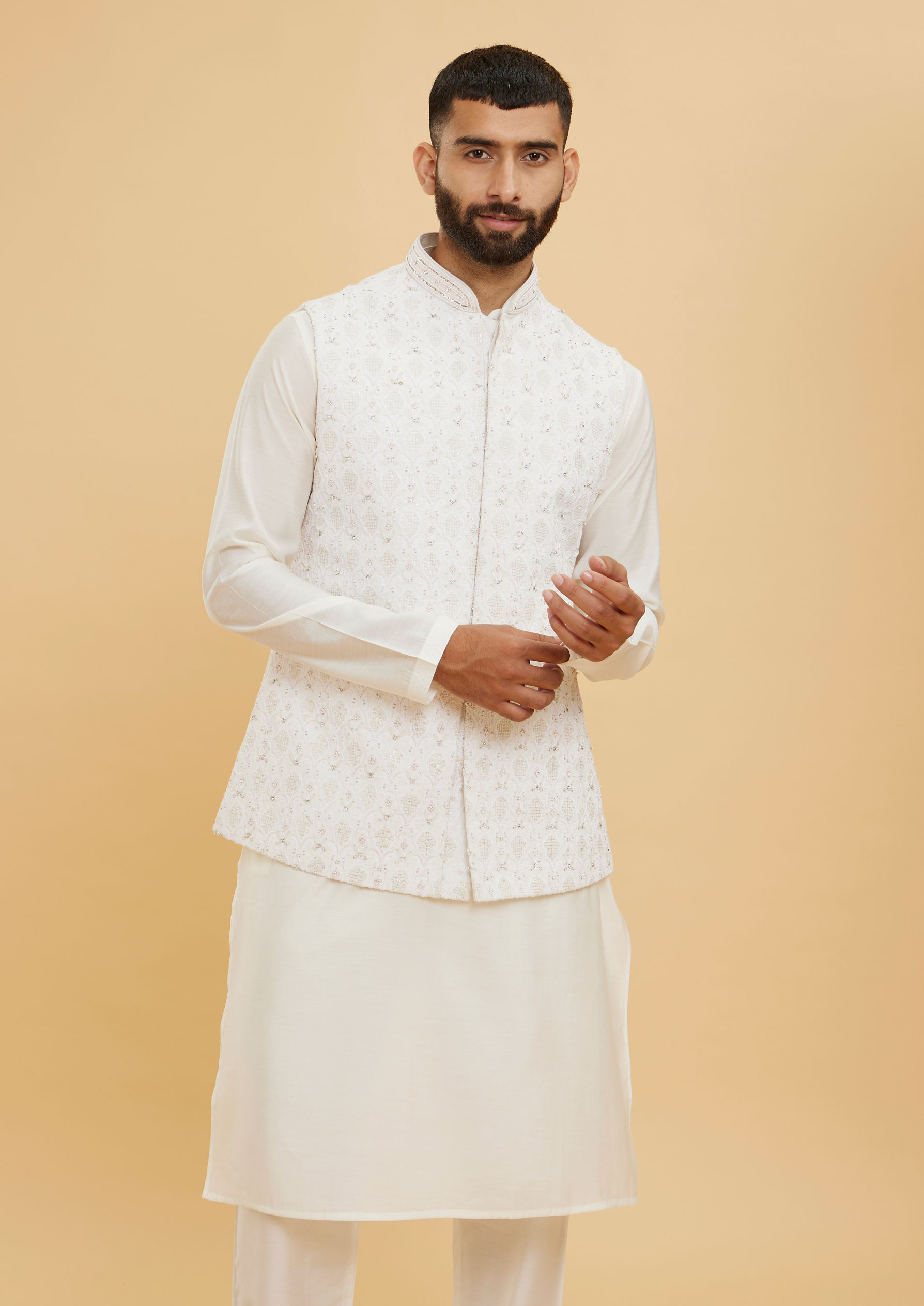 Twamev Men Warm White Buta Patterned Jacket Set with Sequin Work