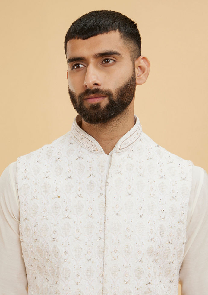 Twamev Men Warm White Buta Patterned Jacket Set with Sequin Work