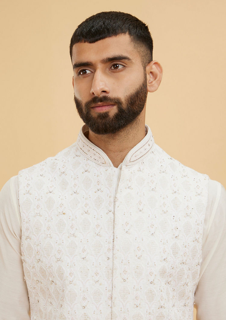 Twamev Men Warm White Buta Patterned Jacket Set with Sequin Work