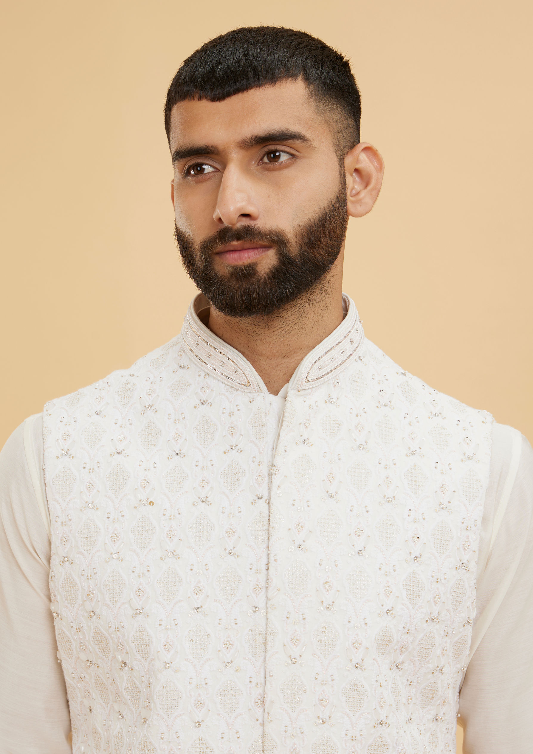 Twamev Men Warm White Buta Patterned Jacket Set with Sequin Work