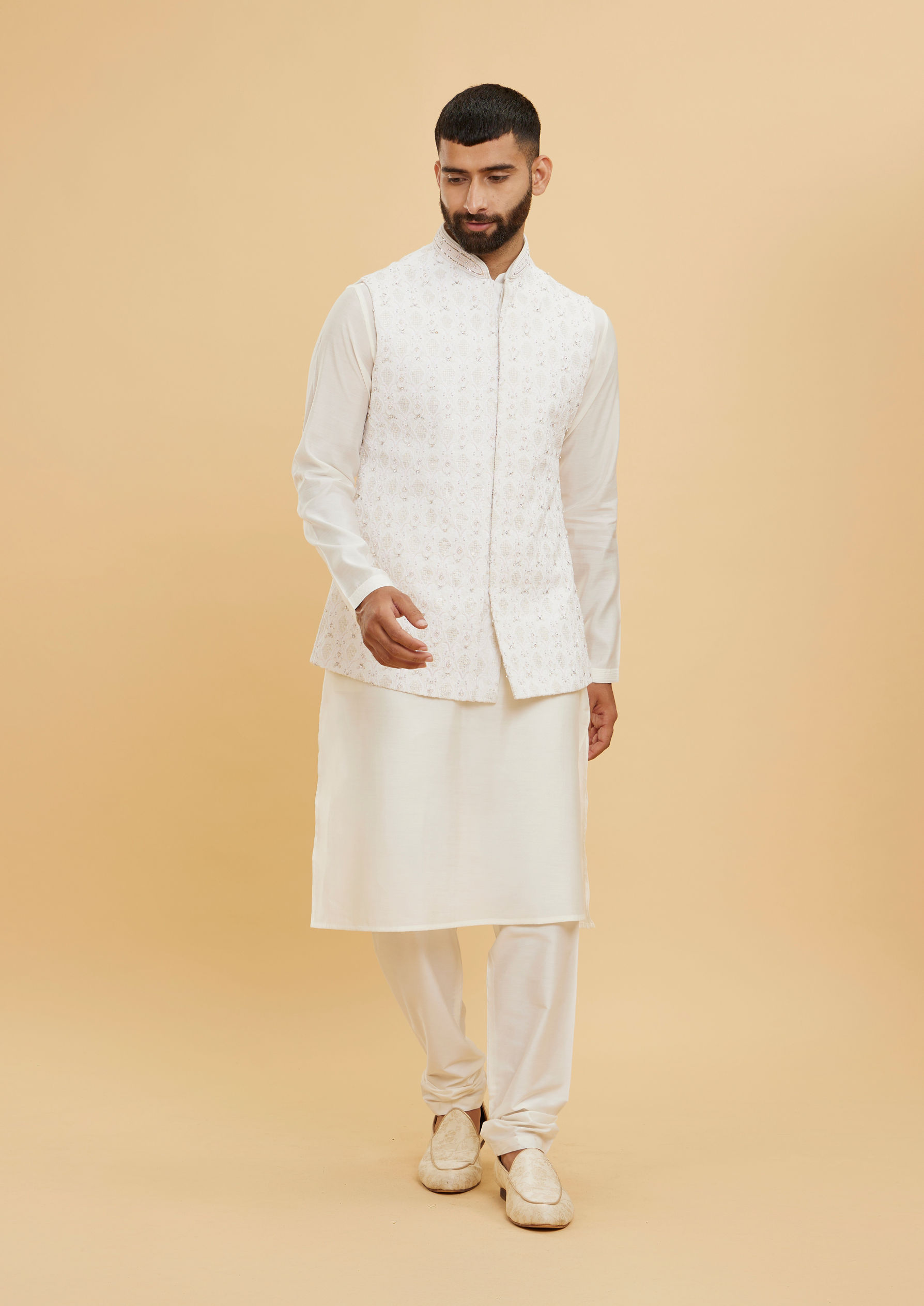 Twamev Men Warm White Buta Patterned Jacket Set with Sequin Work
