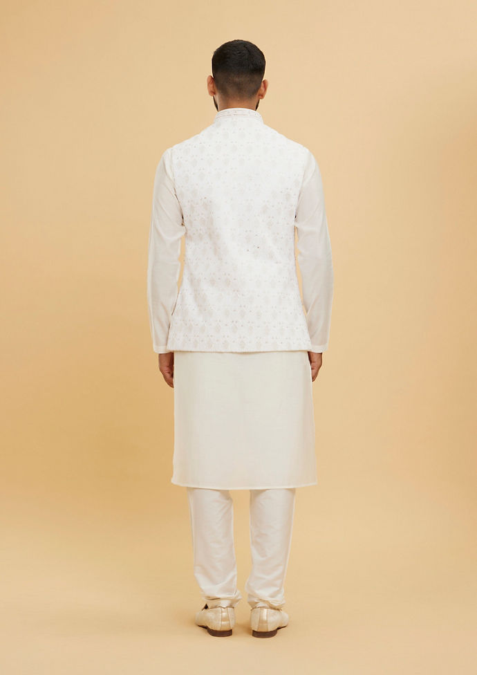 Twamev Men Warm White Buta Patterned Jacket Set with Sequin Work